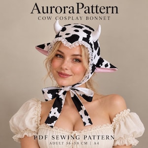 May include: A cow print bonnet featuring white horns and pink-lined ears, with a white lace trim along the edge and long ties under the chin. The text reads Aurora Pattern Cow Cosplay Bonnet and PDF Sewing Pattern Adult 56-58 cm A4.