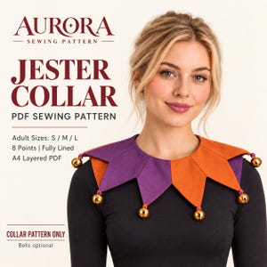 May include: A jester collar sewing pattern featuring alternating purple and orange fabric points. The collar includes gold-coloured bells attached to the tips. Text on the image reads: AURORA SEWING PATTERN, JESTER COLLAR, PDF SEWING PATTERN, Adult Sizes: S / M / L, 8 Points | Fully Lined, A4 Layered PDF, COLLAR PATTERN ONLY, Bells optional.