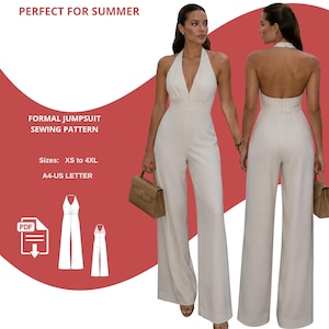 Op de afbeelding: Een naaipatroon voor een formele jumpsuit in PDF-formaat. De afbeelding toont een crèmekleurige halternek jumpsuit met wijde pijpen. De tekst op de afbeelding luidt "PERFECT FOR SUMMER" en "Maten: XS tot 4XL".