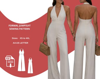 Halter Jumpsuit Sewing Pattern, Elegant Wide Leg Jumpsuit PDF Pattern,Backless Formal Romper Pattern, Old Money Outfit,Women A4 A0 US Letter