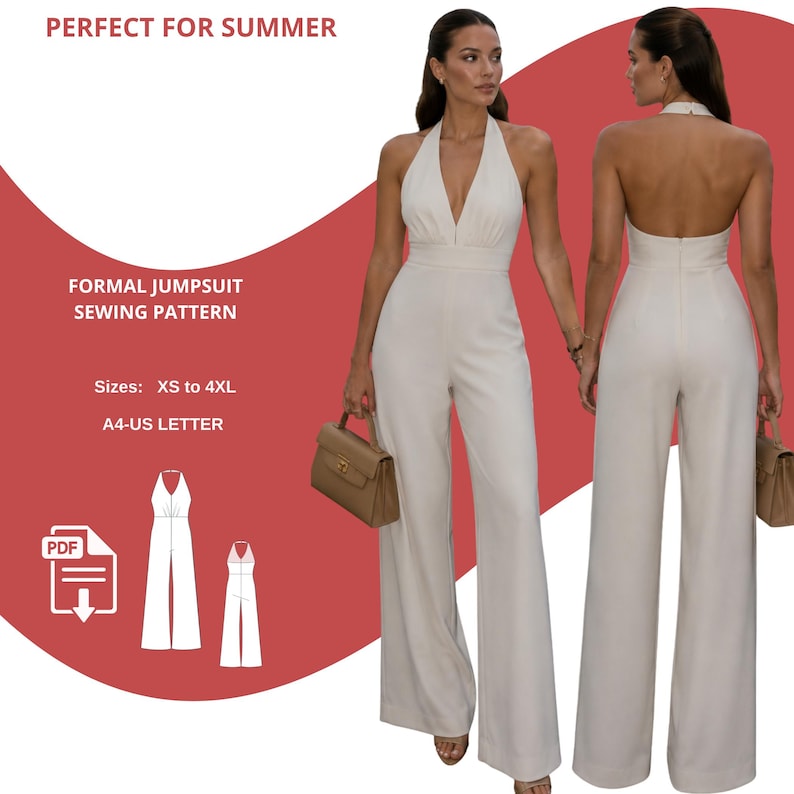 May include: A formal jumpsuit sewing pattern in PDF format. The image shows a cream-colored halter-neck jumpsuit with wide legs. The text on the image reads "PERFECT FOR SUMMER" and "Sizes: XS to 4XL".