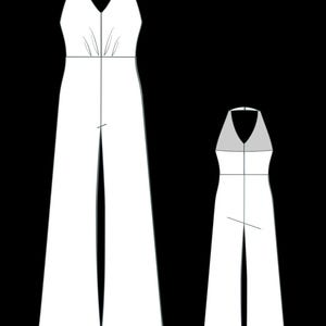 May include: Two white halter-neck jumpsuits are displayed against a black background. The jumpsuits have a V-neckline and wide-leg pants. One is full-sized, and the other is a smaller version, likely a pattern or design sketch.