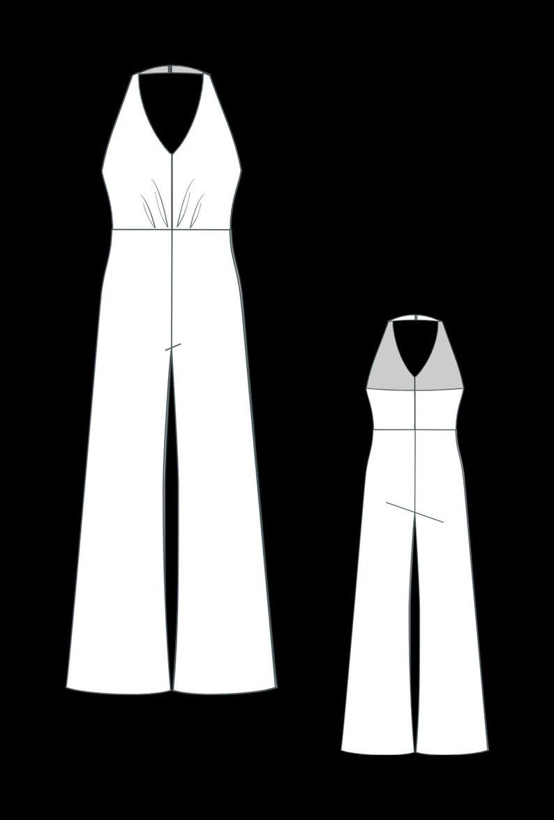 May include: Two white halter-neck jumpsuits are displayed against a black background. The jumpsuits have a V-neckline and wide-leg pants. One is full-sized, and the other is a smaller version, likely a pattern or design sketch.