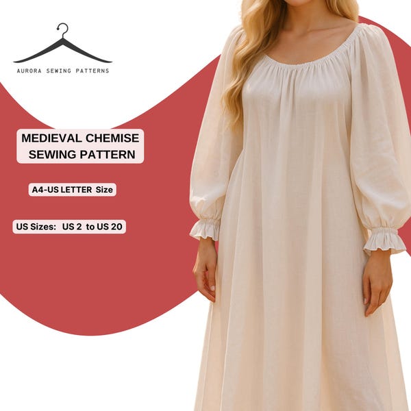 Medieval Chemise Sewing Pattern | Renaissance Underdress | Cottagecore Peasant Dress | Long Sleeve Historical Dress | XS to 4XL
