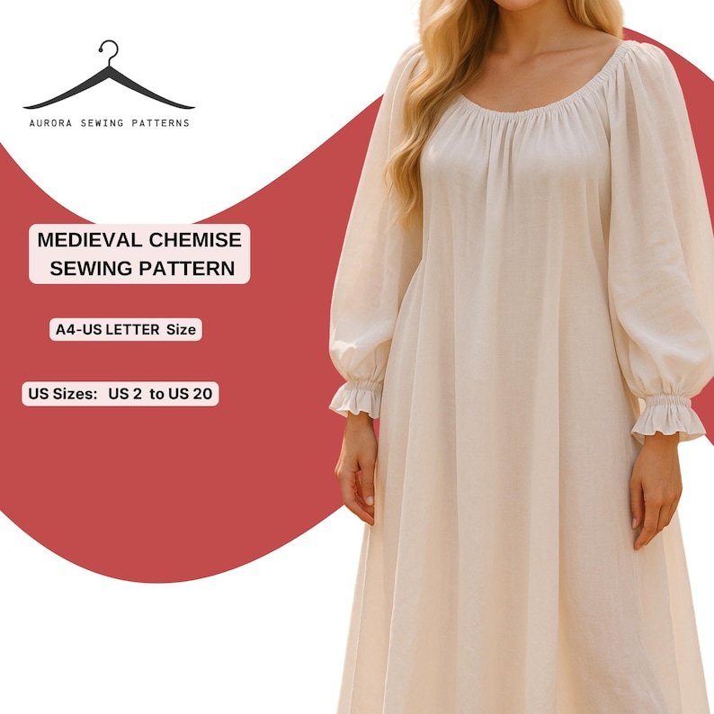 Padrão de costura de camisa medieval | Vestido interior renascentista | Vestido camponês cottagecore | Vestido histórico de manga comprida | XS a 4XL imagem 1