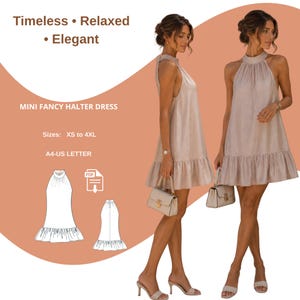 Op de afbeelding: Een beige mini-halterjurk met een hoge halslijn en een geplooide zoom. De tekst luidt: Timeless • Relaxed • Elegant, MINI FANCY HALTER DRESS, Sizes: XS to 4XL, A4-US LETTER. Bevat een PDF-downloadpictogram en twee technische schetsen.