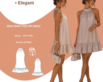 Halter Mini Dress Sewing Pattern PDF, Ruffle Hem Dress Pattern, Summer Linen Dress, Open Back Dress, A4 A0 Projector XS-4XL