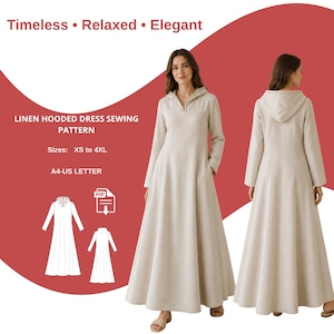 May include: A light beige linen hooded dress sewing pattern. The pattern includes sizes XS to 4XL and is available in A4-US letter format. The image shows a woman wearing the dress, with a front and back view. The text reads "Timeless, Relaxed, Elegant."