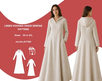 Linen Hooded Dress Sewing Pattern, Maxi Tent Dress PDF, Modest Linen Gown Pattern, Long Sleeve Hood Dress, A4 A0 US Letter