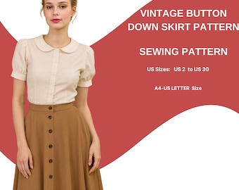 Vintage Button Down Skirt Sewing Pattern | High Waist Midi Skirt | Flared A-Line Skirt PDF | Retro Style Sewing Pattern for Women