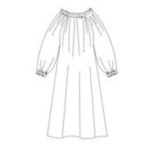 Pode incluir: Um vestido branco de manga comprida com decote franzido e caimento solto. O vestido tem uma saia ligeiramente rodada e um detalhe franzido nas mangas.