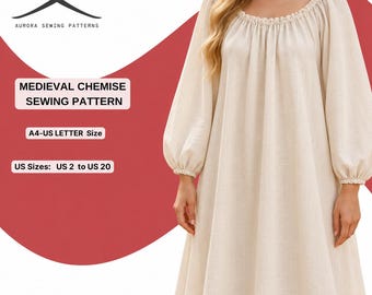 May include: A beige chemise with long, gathered sleeves and a gathered neckline. Text on the image reads: Aurora Sewing Patterns, Medieval Chemise Sewing Pattern, A4-US Letter Size, US Sizes: US 2 to US 20. The garment is shown in a light neutral tone.