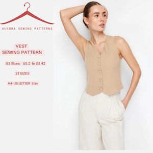 Lässige Weste Schnittmuster, Button-Down-Damen-Größe - (Größenoptionen: US 2 bis 42) A4-US LETTER