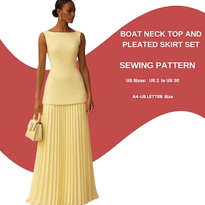 May include: A woman wearing a pale yellow boat neck top and pleated skirt set. The outfit is a sewing pattern, with text that reads "BOAT NECK TOP AND PLEATED SKIRT SET" and "SEWING PATTERN". The pattern is available in US sizes 2 to 30.