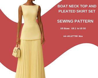 Boat Neck Top and Pleated Skirt Set Sewing Pattern | Elegant Two Piece Outfit | Sleeveless Blouse & Maxi Skirt | Minimalist Summer Set