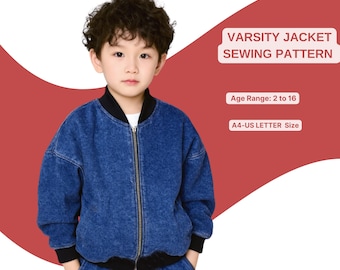 Kids Varsity Jacket Sewing Pattern | Unisex Bomber Jacket | Boys and Girls Outerwear PDF | Casual Zip Up Jacket |Sewing Pattern for Children