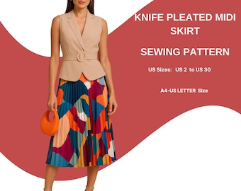 Knife Pleated Midi Skirt Sewing Pattern | Elegant Pleated Skirt | High Waist Midi Skirt PDF | Classic Office or Casual Look