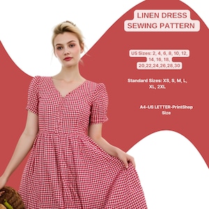 Schnittmuster für Leinenkleid | Kurzarm Kleid mit Knopfleiste | V-Ausschnitt Midi-Kleid | Sommerkleid Vichykaro | Einfaches PDF-Schnittmuster