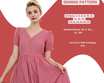Molde de Costura para Vestido de Linho | Vestido de Manga Curta com Botões na Frente | Vestido Midi com Decote em V | Vestido de Verão Xadrez | Molde de Costura Fácil em PDF