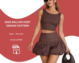 Molde em PDF para Mini Saia Balão, Molde para Vestido de Verão Tamanhos PP-4XG, Molde para Saia com Bainha Balão, Imprimível em Formato A4/Carta (EUA), Molde Ideal para Iniciantes