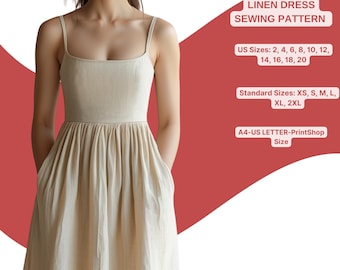 Linen Dress Sewing Pattern | Spaghetti Strap Summer Dress | Gathered Midi Dress | Minimalist Sundress | Easy PDF Sewing Pattern