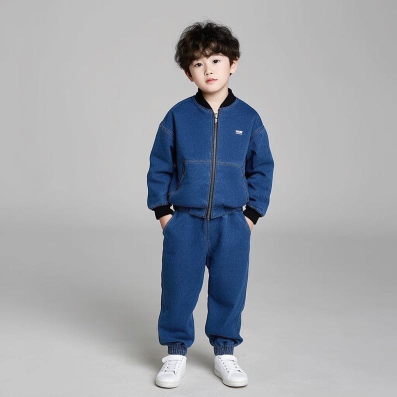 May include: A young person wearing a blue denim jacket and matching pants. The jacket has a zipper closure and a small logo on the chest. The pants have a drawstring waistband.