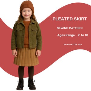 Puede incluir: Una persona joven con gorro marrón, chaqueta verde oliva y falda plisada. La imagen incluye el texto "PLEATED SKIRT, SEWING PATTERN, Ages Range: 2 to 16, A4-US LETTER Size."