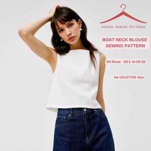 Patrón de costura para top corto con cuello barco, talla de mujer (tallas: EE. UU. 2 a 30), hojas A4, carta EE. UU. y A0.