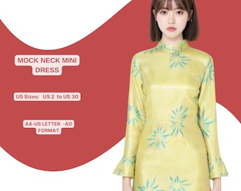 Turtleneck Minimalist Dress Sewing Pattern -(Size Options :US 2 to 30 ) A4-US LETTER-A0 Papers