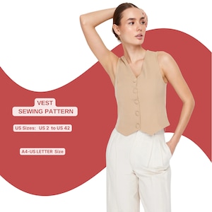 Patrón de costura para chaleco de mujer / Chaleco entallado con botones delanteros / Patrón clásico de chaleco / Top minimalista para superponer capas / Patrón de costura en PDF para hacer tú mismo