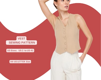 Women’s Vest Sewing Pattern | Tailored Button Front Vest | Classic Waistcoat Pattern | Minimalist Layering Top | DIY PDF Sewing Pattern