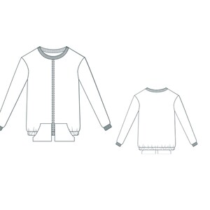 May include: A white long-sleeve zip-up jacket with a ribbed collar and cuffs. The jacket has a front zipper and a drawstring at the bottom.