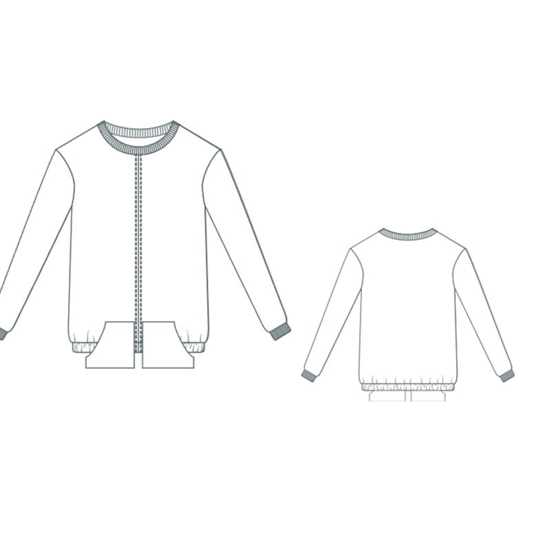 May include: A white long-sleeve zip-up jacket with a ribbed collar and cuffs. The jacket has a front zipper and a drawstring at the bottom.