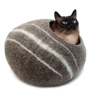 felt brown cat cave with white stripes