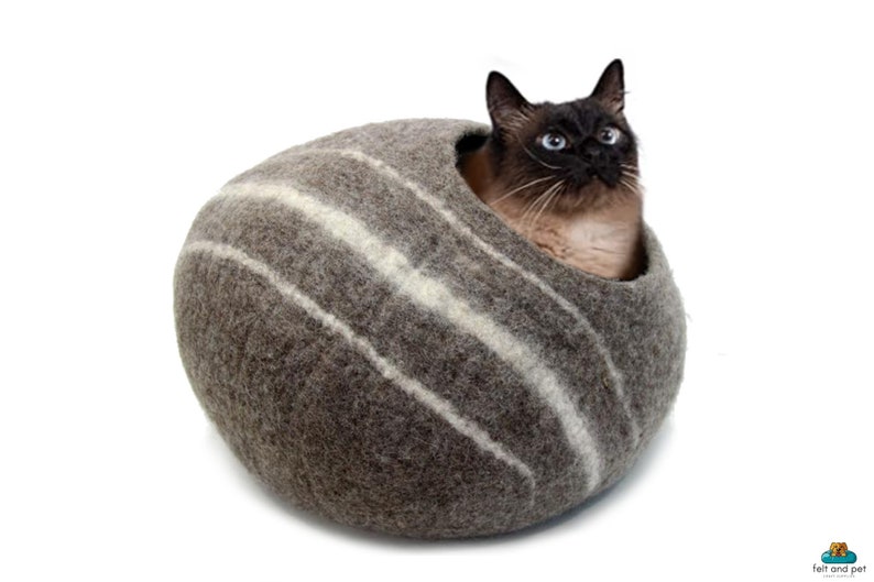 felt brown cat cave with white stripes