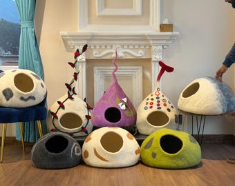 Handmade Colorful Dot Tail Cat Cave – Wool Felt Pet House, Cozy Hideout for Cats, Made in Nepal.