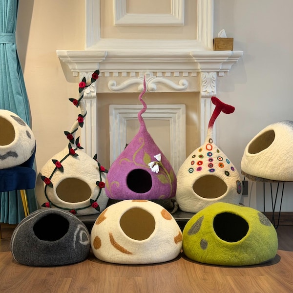 Handmade Colorful Dot Tail Cat Cave – Wool Felt Pet House, Cozy Hideout for Cats, Made in Nepal.