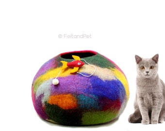 Grotte de chat confortable colorée - maison de chat faite main - grotte de chat en feutre - meubles pour animaux de compagnie - panier pour chat - grotte de laine