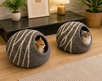 Stone Gray Felt Cat Bed with White Stripes – Handcrafted Wool Cat Cave, Cozy Hideout, Modern Home Décor