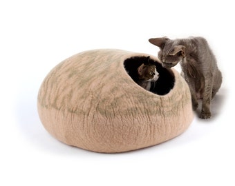 Beige Felt Cat Bed- Wool Cat House Made Using 100% Pure Wool - Round, Soft And Cozy Pet Bed