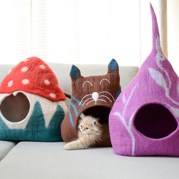Modern Cat Bed - Felt Kitty Basket - Warm and Comfy - Handmade Pet House - Choose Your Own - Kitty Nest - Gifts
