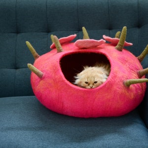 Pink Toadstool Felt Cat Bed - Handmade Kitty Warmer - Felt Kitty Bed - Wool Pet Bed - Felted Pet House - Cat Cave Bed