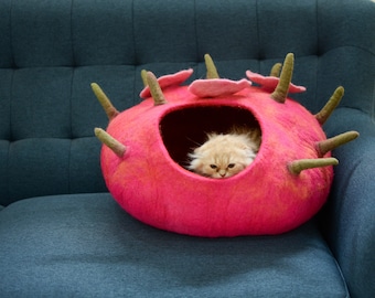 Pink Toadstool Felt Cat Cave - Handmade Kitty Warmer - Felt Kitty House - Wool Pet Bed - Felted Pet House - Cat Cave Bed