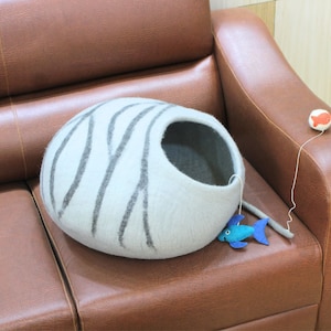 Greyish Round Cat Cave With Black Stripes - Large Cats Cave-  Premium Quality Cat Bed Using 100% Pure Wool - Pet Lovers Gift- Eco-Friendly