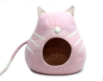 Hand Felted Wool Cat Cave – Pink Cat Head Design, Cozy Pet Bed