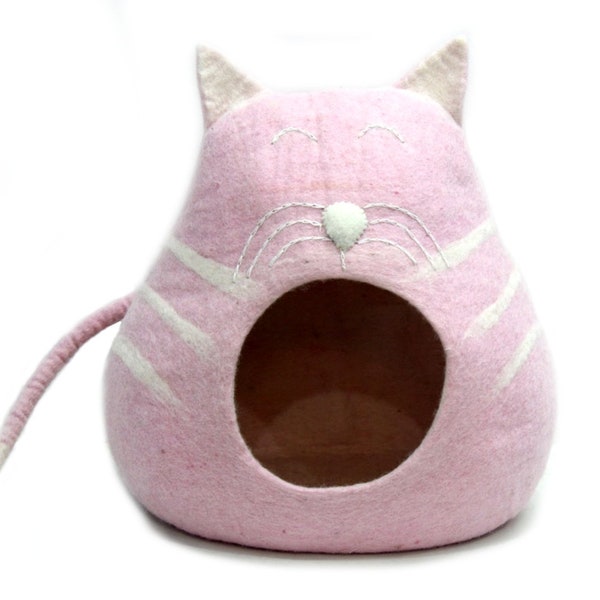 Chat des grottes fait main en feutre - cadeau pour amoureux des chats - lit pour chat en laine - meubles en laine feutrée - cocon de chat en feutre - maison d'igloo chat en feutre - cadeau pour animal de compagnie