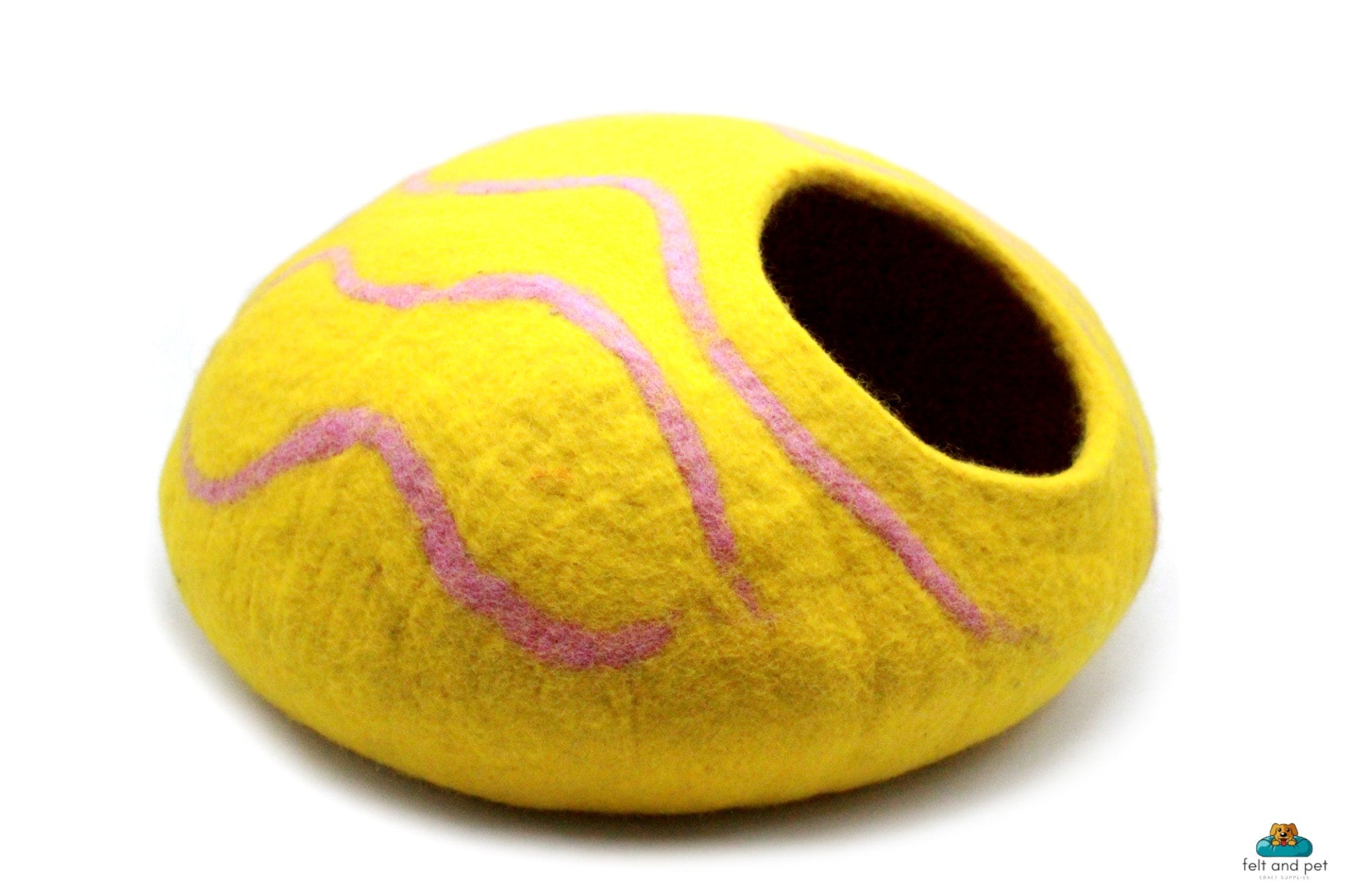 Yellow Wool Cat House With Pink Sripes, Handmade Felted Cave, Soft & Cozy Natural Pet Bed