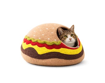 Burger Cat Cave – Handmade Felt Wool Cat Pod – Whimsical Hamburger Kitty Hideaway – Modern Indoor Cat House - Made in Nepal.