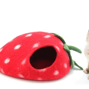Felt Cat Cave -Strawberry Cat Cave - Handmade Felt Pet House - Wool Kitty Bed -   Cocoon - Pet Vessel - Eco-friendly Bed