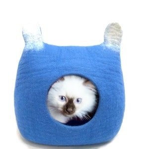 Blue Square Felt Cat Cave With Ear - Cozy Bed For Pet -  Handmade Pet Furniture